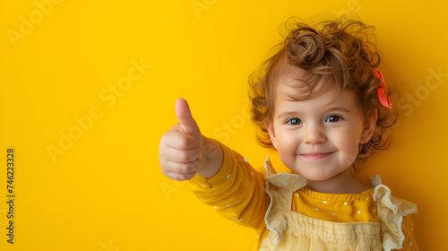 a toddler giving a thumbs up on yellow background. generative ai 