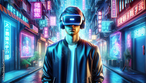 A young man wearing a virtual reality headset is immersed in a vibrant, neon-lit urban alleyway, experiencing futuristic digital worlds.