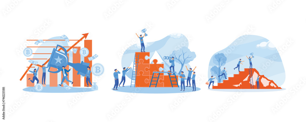 Success Business Team concept. People working on their role with business woman cheering up by big gold trophy on the puzzle elements. People Climb the ladder of success. 