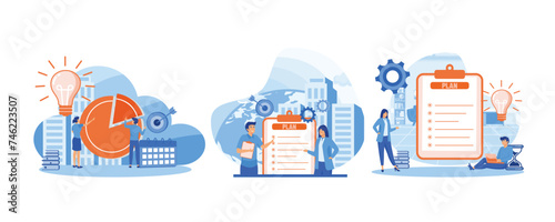 Business Planning. Business time management, People planning new business. Teamwork, meeting. Set flat vector modern illustration 