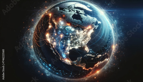 A digital representation of Earth with a glowing network of connections, illustrating global communication and technology interconnectivity.