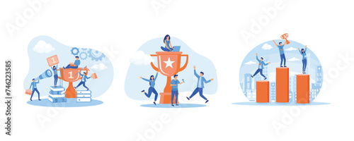 Success team concept. People near the trophy celebrating achieving success. People standing on the podium rank first three places, jumps in the air with trophy cup. Set flat vector modern illustration