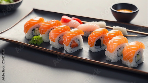 Create realistic 8K food photos. Close-up of sushi on a traditional plate. modern atmosphere