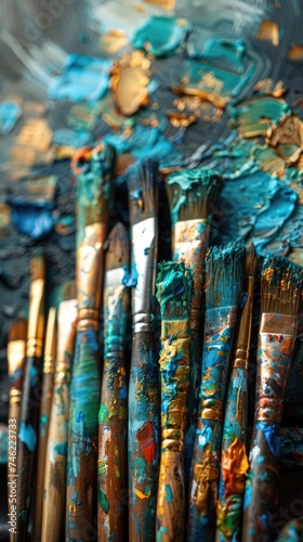 A close-up view of numerous paintbrushes scattered on a table.