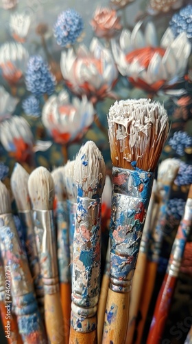 Multiple paint brushes of various sizes and colors lined up neatly next to each other.