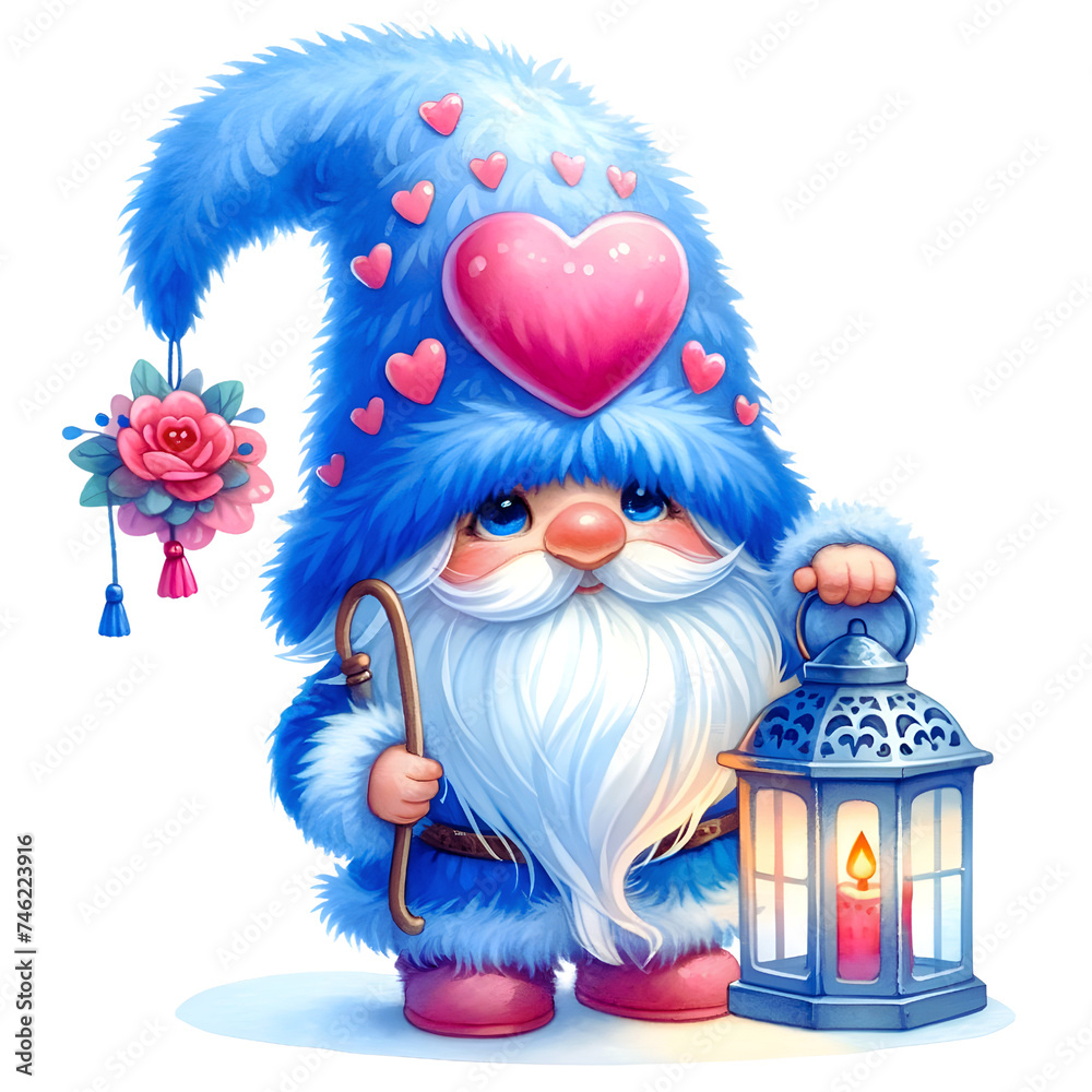 Obraz premium Gnome in love Fur Hat Blue Watercolor clipart PNG