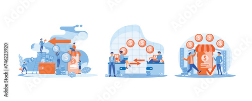 Financial transactions. Money transfer. Successful transaction. Set flat vector modern illustration 