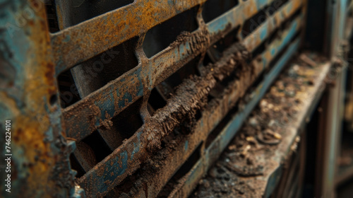 The fans louvers now stuck in a halfopen position have a layer of dirt and debris ped in them.