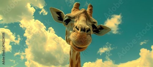 A giraffe is standing in front of a cloudy blue sky. The giraffes head is prominent in the frame, with its long neck reaching upward towards the sky. The clouds create a dramatic backdrop for the tall