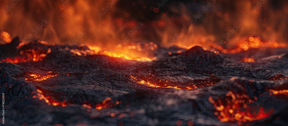 A close-up view of a fierce fire blazing in a field, with flames dancing and consuming the dry vegetation. The fire is ablaze and spreading rapidly, casting a fiery glow in the surroundings.