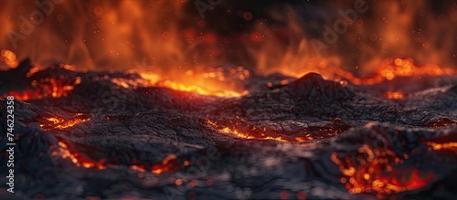 A close-up view of a fierce fire blazing in a field, with flames dancing and consuming the dry vegetation. The fire is ablaze and spreading rapidly, casting a fiery glow in the surroundings.