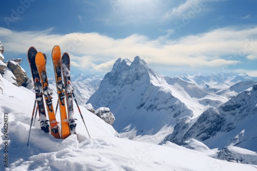 Smooth Skis in the snow mountains. Skiing equipment with montane froze icy panorama background. Generate ai