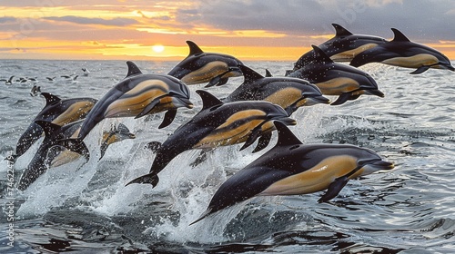 Multiple Dolphins Leaping Together in the Ocean, Sunset Background with a Flock of Seabirds