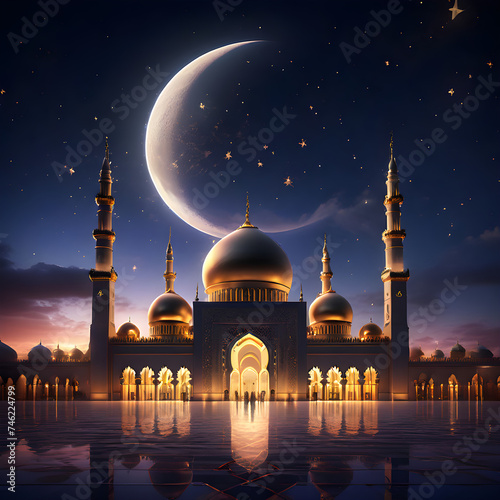mosque in night with a crescent moon, Ramadan Kareem background, for posters, greeting cards, created with AI