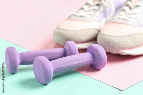 Dumbbells and sportive shoes on color background, closeup