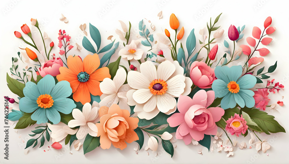 Top view of floral background decorated with pretty colorful blooming flowers and leaves border. Spring botanical illustration on white background