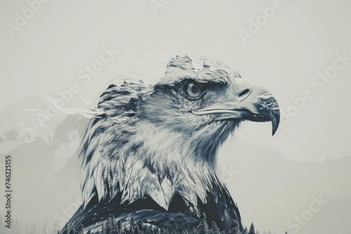 A regal eagle superimposed with the rugged peaks of a mountain range in a double exposure photo