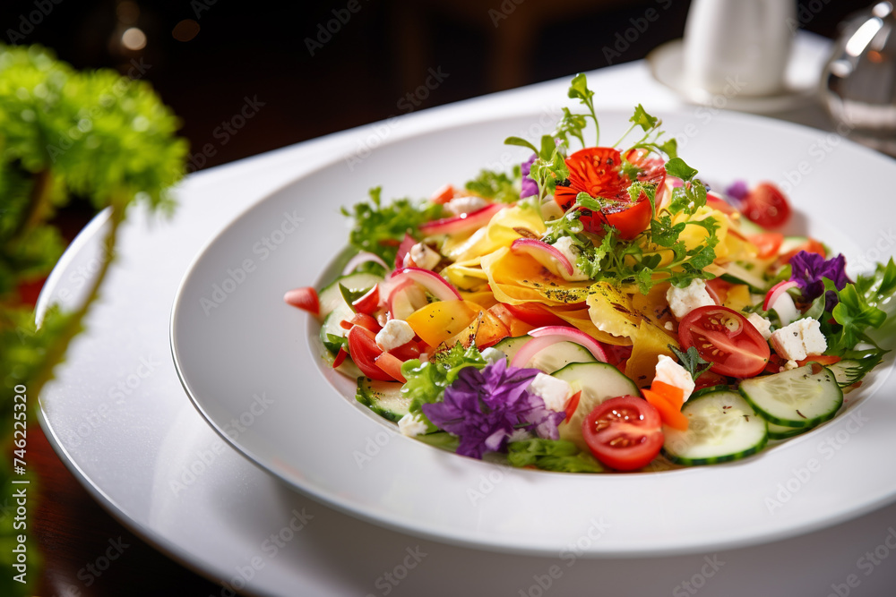 Fresh and colorful mixed salad with variety of vegetables served in white plate Fresh and colorful mixed salad with variety of vegetables served in white plate