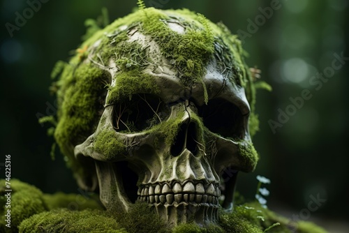Textured Skull moss closeup. Ancient stone. Generate Ai