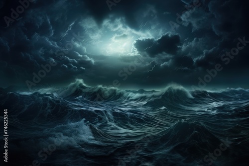 A painting of a stormy ocean at night