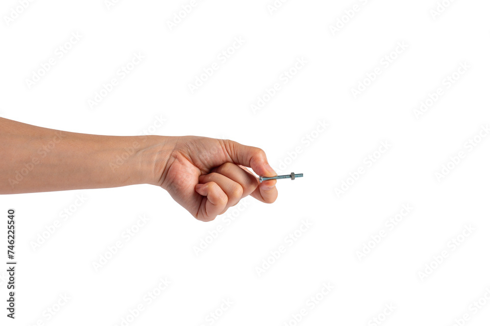 Metal bolt in hand isolated on transparent background