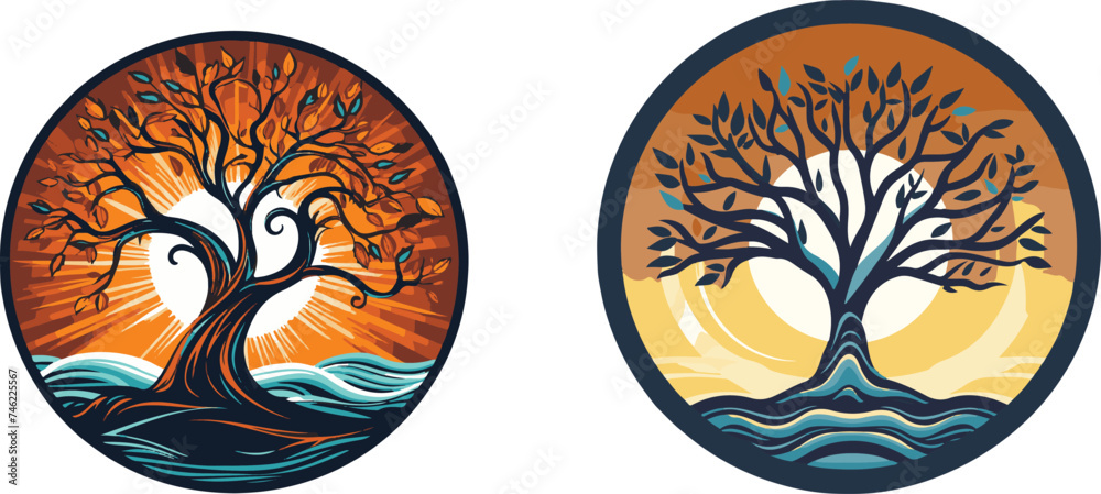 Obraz premium simple logo vector with an illustration of a tree inside a circle, with a sun background