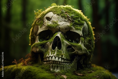 Mysterious Skull moss forest. Ancient stone. Generate Ai