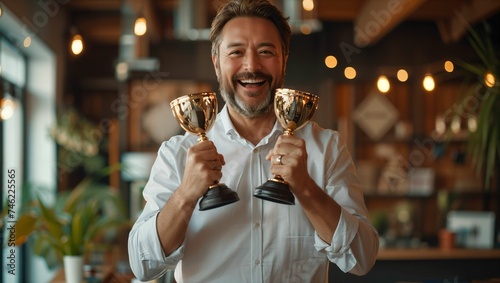 Businessman standing happily holding trophy in modern office