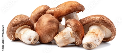A collection of porcini mushrooms arranged on a plain white background.