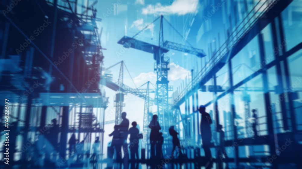 engineering construction infrastructure ideas concept silhouette of business people standing teamwork together multi exposure with industrial building construction in blue and gray color tone - obrazy, fototapety, plakaty 