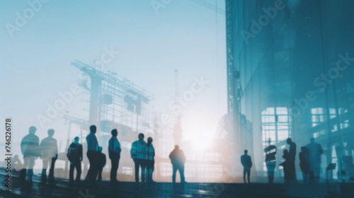 engineering construction infrastructure ideas concept silhouette of business people standing teamwork together multi exposure with industrial building construction in blue and gray color tone
