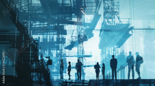 engineering construction infrastructure ideas concept silhouette of business people standing teamwork together multi exposure with industrial building construction in blue and gray color tone