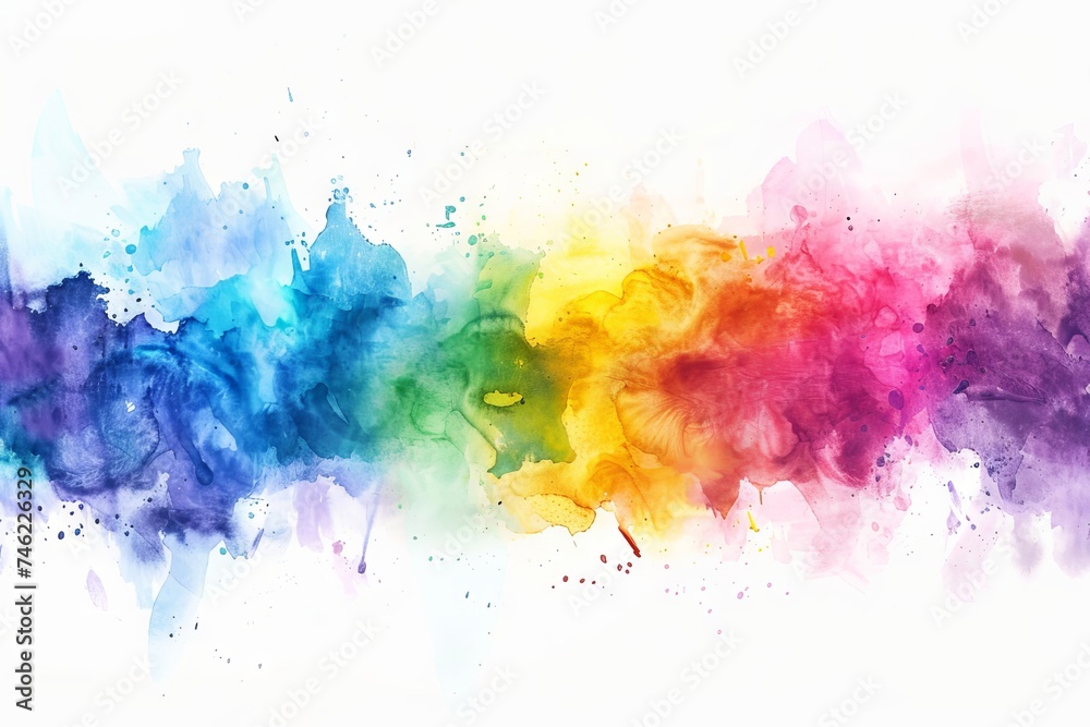 Abstract watercolor splash on white paper, vibrant rainbow colors, fluid art for creative design, artistic expression, and modern backgrounds.