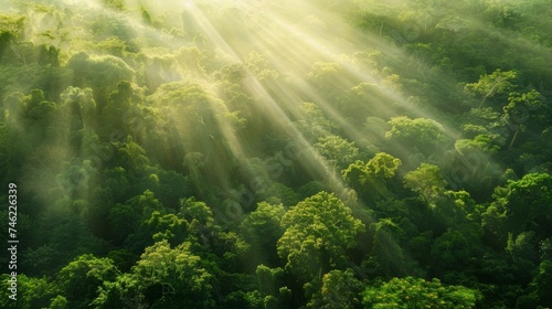 Aerial view of a lush green forest with light rays filtering through the trees at sunrise, creating a serene and peaceful scene. © furyon
