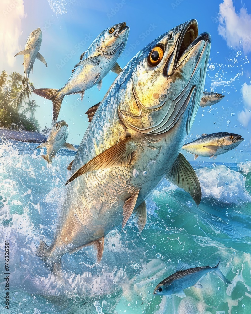 Majestic Tuna Fish Leaping Out of the Ocean, Dynamic Aquatic Scene with Splashing Waves Majestic Tuna Fish Leaping Out of the Ocean, Dynamic Aquatic Scene with Splashing Waves