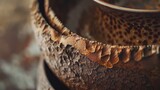 Close-up of handcrafted pottery, showcasing the intricate textures and natural earth tones of the clay.