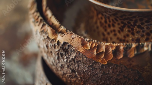 Close-up of handcrafted pottery, showcasing the intricate textures and natural earth tones of the clay. photo