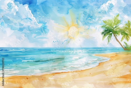 Holiday beach scene in watercolor with sun, sand, and sea