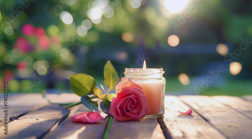 A lit candle in a jar beside a pink rose on a wooden surface with a bokeh background.
