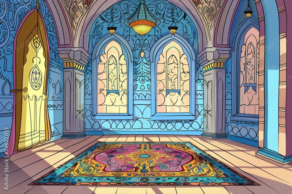 Cartoon cute doodles of a serene Ramadan mosque interior with colorful prayer rugs and intricate Islamic patterns, Generative AI
