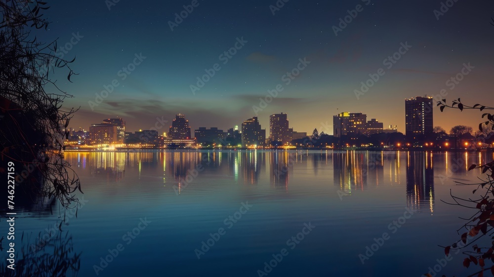 Panoramic view of a city skyline at twilight, with lights reflecting off the water, creating a peaceful urban landscape