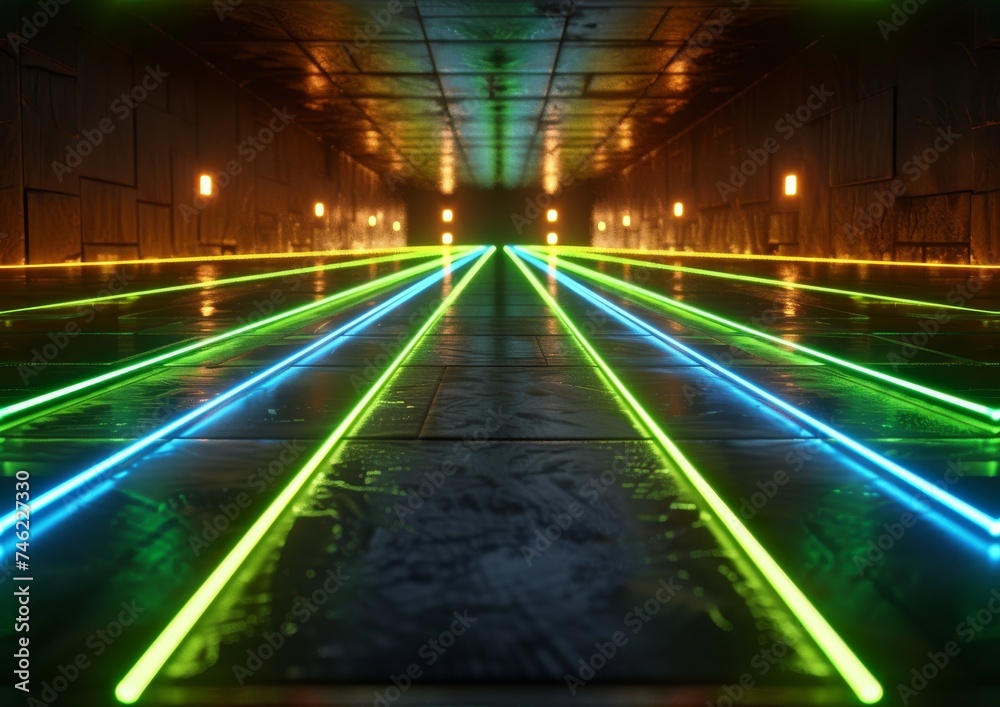Futuristic Neon Light Corridor with Green and Blue Laser Lines Illuminating a Dark Industrial Passage, Invoking a Cyberpunk Aesthetic Futuristic Neon Light Corridor with Green and Blue Laser Lines Illuminating a Dark Industrial Passage, Invoking a Cyberpunk Aesthetic