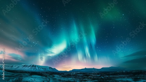 Panoramic view of the northern lights  Aurora Borealis  in a starry night sky  creating a mesmerizing natural spectacle.