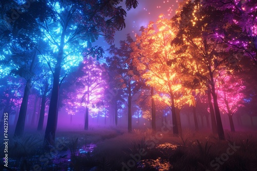 Surreal 3D rendered neon forest with glowing trees and foggy atmosphere