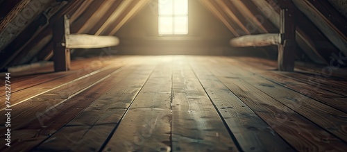 An aged attic room featuring a wooden floor and roof rafters. The room is illuminated by a window, with a shallow focus adding depth to the space.