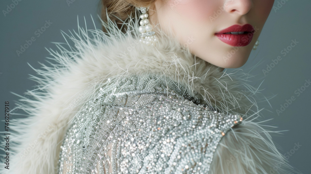 A shimmering silver sequin dress with a matching fur stole and delicate pearl accessories reminiscent of old Hollywood glamour. A shimmering silver sequin dress with a matching fur stole and delicate pearl accessories reminiscent of old Hollywood glamour.