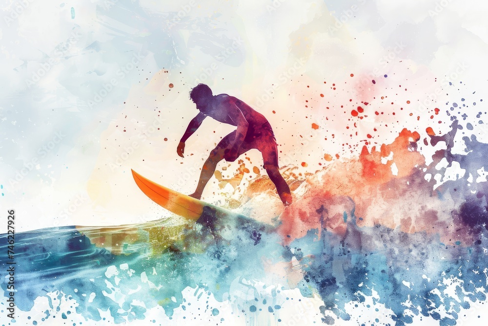 Watercolor extreme sports and adventure, dynamic and exhilarating, capturing the excitement and energy of activities like surfing, climbing, and biking.