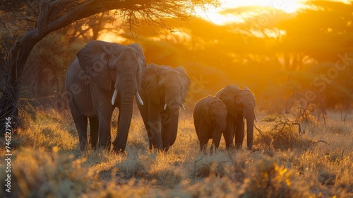 Graceful giants, the Elephants of Tsavo, against the backdrop of Kenya's rugged terrain, a serene moment captured at sunrise, the gentle giants embodying the spirit of the wilderne AI Generative