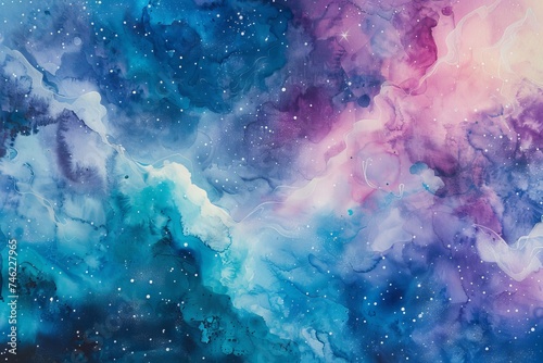 Watercolor galaxy background, cosmic and celestial theme, with vibrant blues, purples, and pinks, suitable for dreamy and mystical designs.