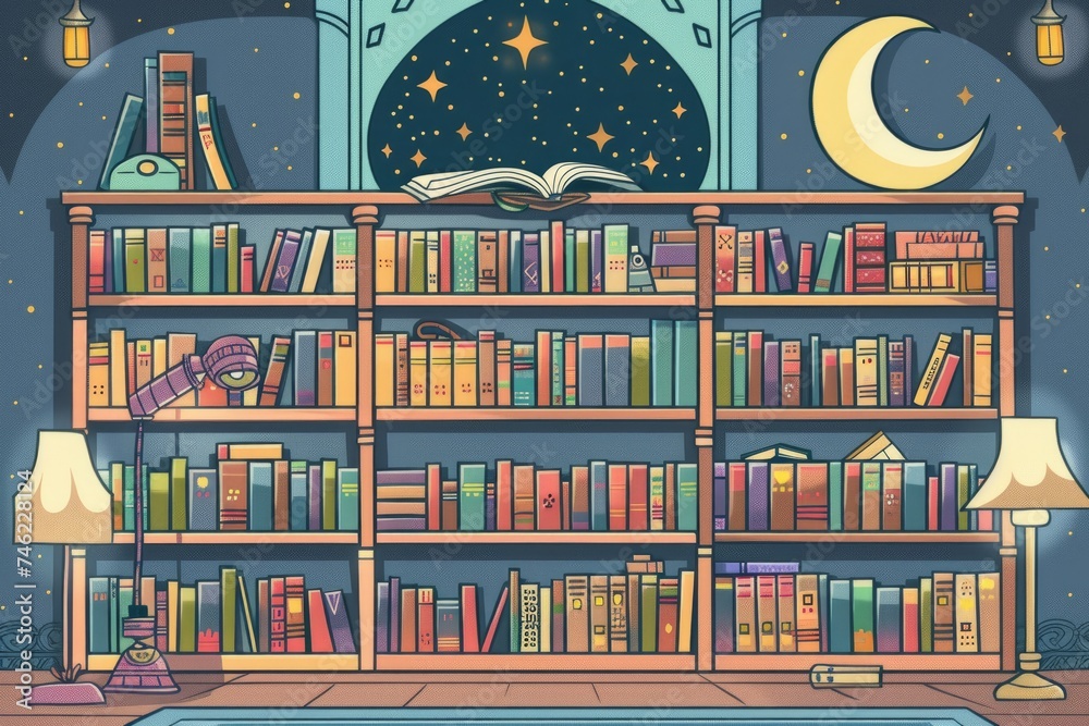 Cartoon cute doodles of a quiet Ramadan library with shelves of books and soft reading lamps for late-night study, Generative AI